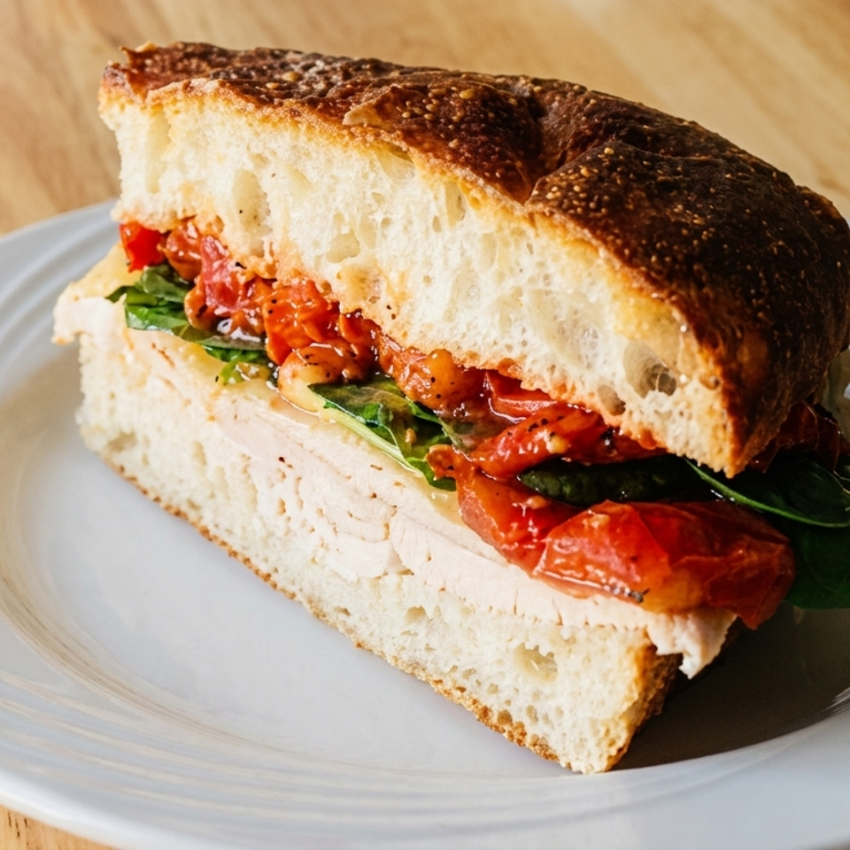 Half a sandwich with turkey, spinach, and roasted tomatoes on focaccia bread, on a white plate.