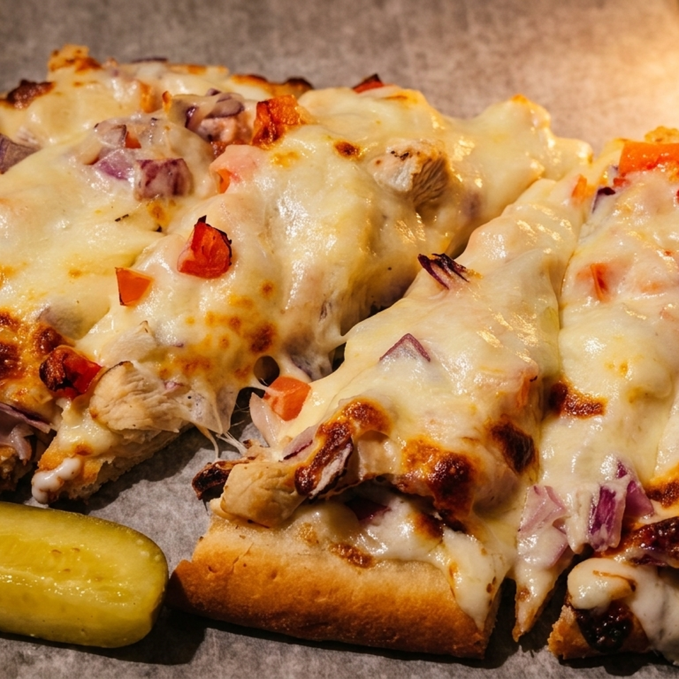 A chicken flatbread pizza with melted cheese, red onions, and tomatoes, served with a pickle spear.