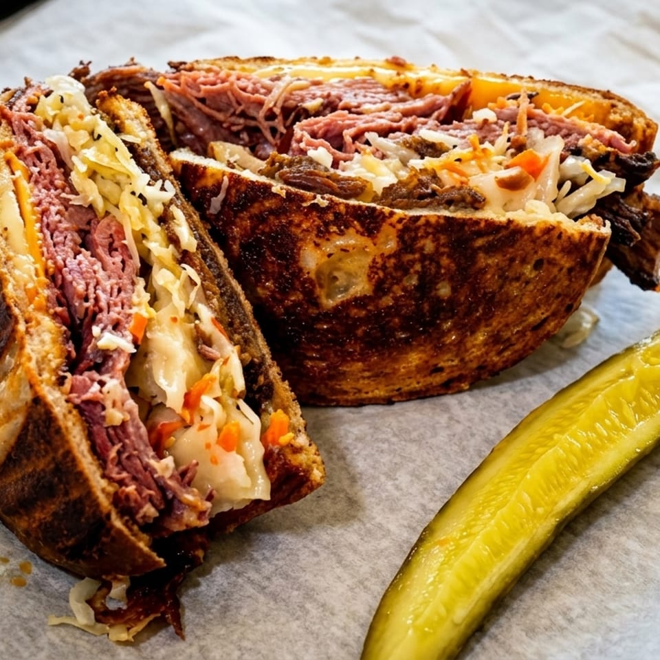 A grilled pastrami sandwich, cut in half, with sauerkraut and cheese, served with a pickle spear.