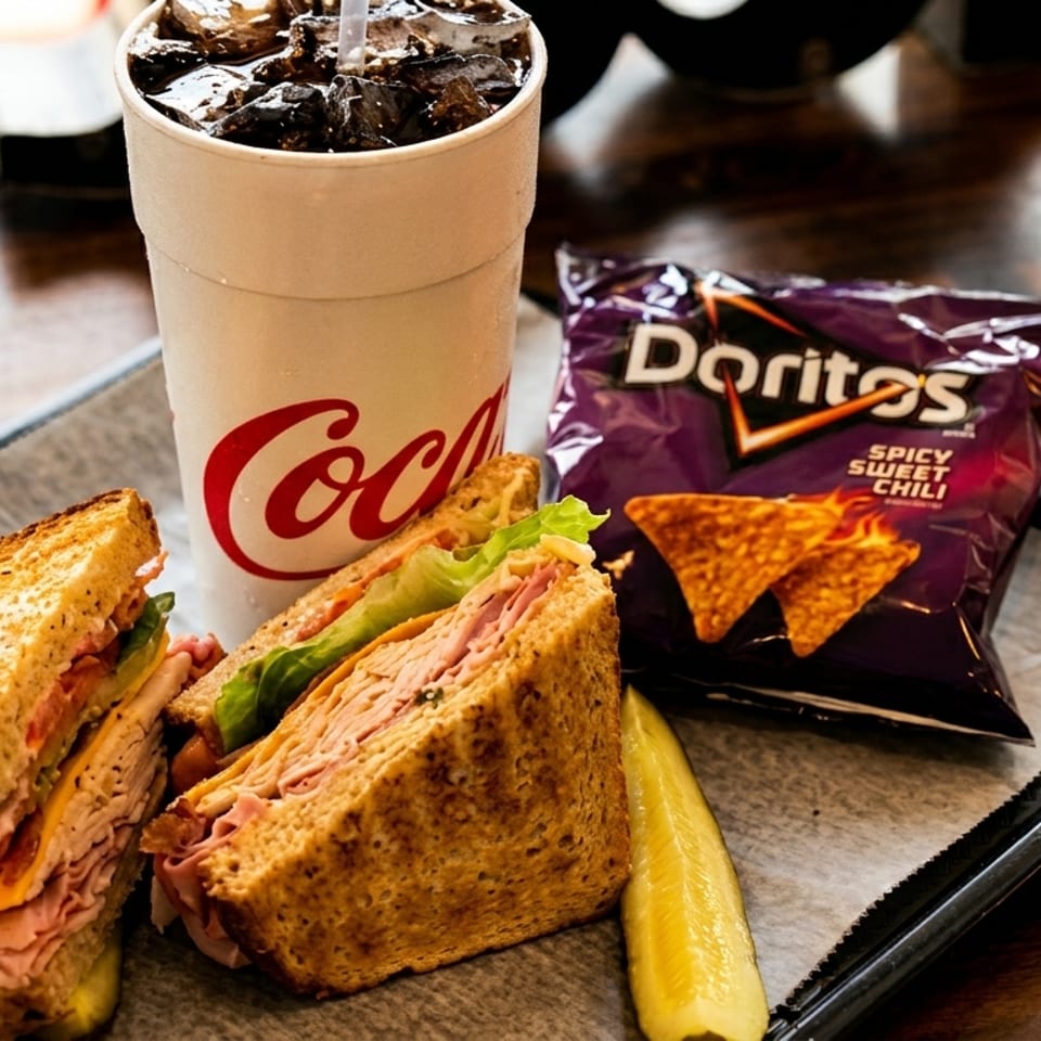 A sandwich, pickle spear, bag of Doritos, and Coca-Cola on a tray.