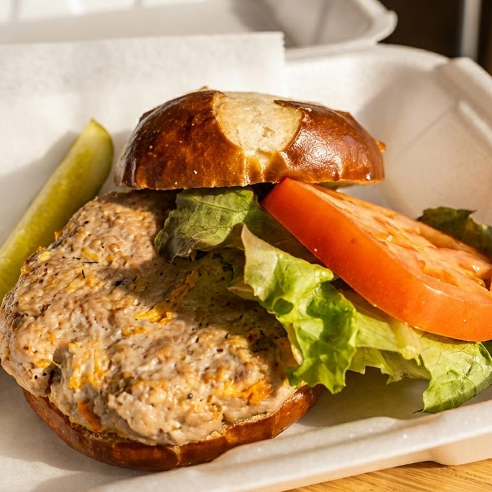 A turkey burger on a pretzel bun with lettuce, tomato, and a pickle spear in a takeout container.